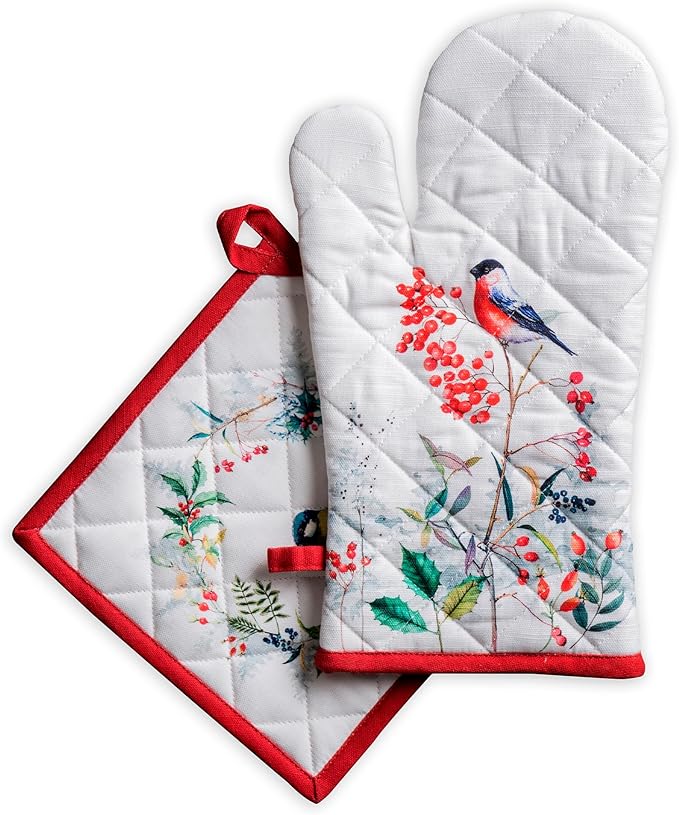 Maison d' Hermine 100% Cotton Oven Mitt & Pot Holder Set (7.5"x13" & 8"x8") Heat Resistant BBQ Cooking Gloves with Loop for Thanksgiving Christmas Decorations Handling Hot Pans (Morzine)