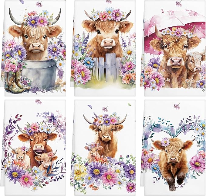 Oudain 6 Pcs Highland Cattle Farmhouse Kitchen Towels Highland Cow Farmhouse Hand Towels 24" x 16" Absorbent Sunflower Floral Dish Tea Coths for Bathroom Home Gift Decor