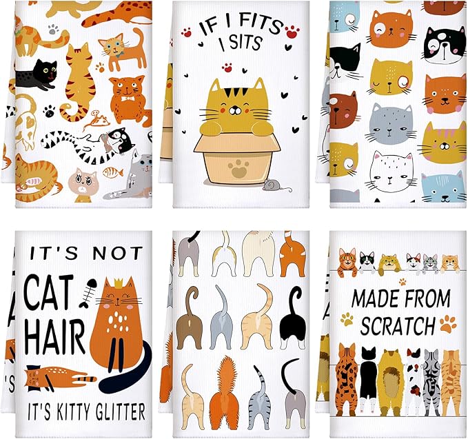TecUnite 6 Pcs Cat Kitchen Towels Set Funny Cat Tea Towels Cute Dish Towel Decorative Hand Towel Cats Lover Gifts for Cleaning Drying Wiping Tasks Cats Owners Women Mom Housewarming Gifts Decor