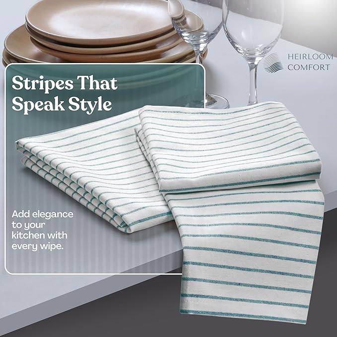 Sea Green Striped Kitchen Dish Towels (3-Pack), Quick Dry, Ultra Absorbent & Durable, 100% Cotton Classic Stripe Towels for Drying Dishes, Wiping, and Daily Kitchen Cleanup