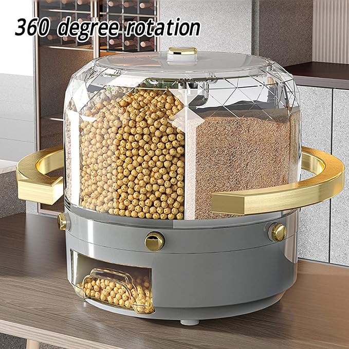 Grain Storage Container Rotatable Rice Dispenser Box 6 Grid Grain Dispenser 360 Degree Rotating Food Dispenser Cereal Dispenser Countertop for Beans Rice Grains(grey)