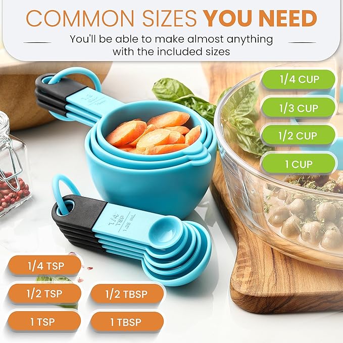 Spring Chef Magnetic Measuring Cups and Spoons Set of 9, Nesting Plastic Kitchen Tool with Easy to Read Markings - Measure Dry or Liquid Ingredient, BPA Free, Aqua Sky