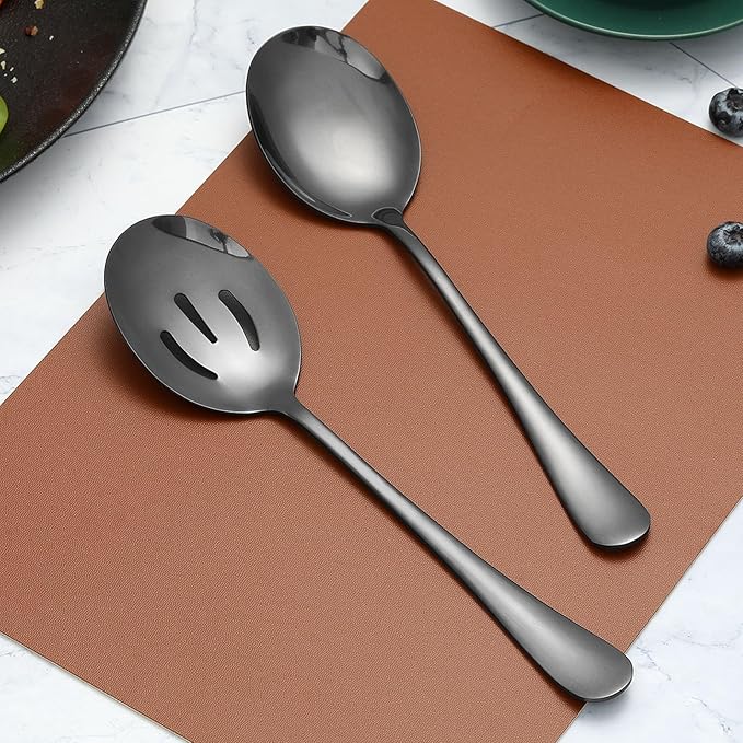 6 Pieces Serving Spoons Set 8.7 Inch, Includes 3 Serving Spoon and 3 Slotted Spoon, Stainless Steel Buffet Banquet Spoons, Large Kitchen Utensils Cutlery, Black
