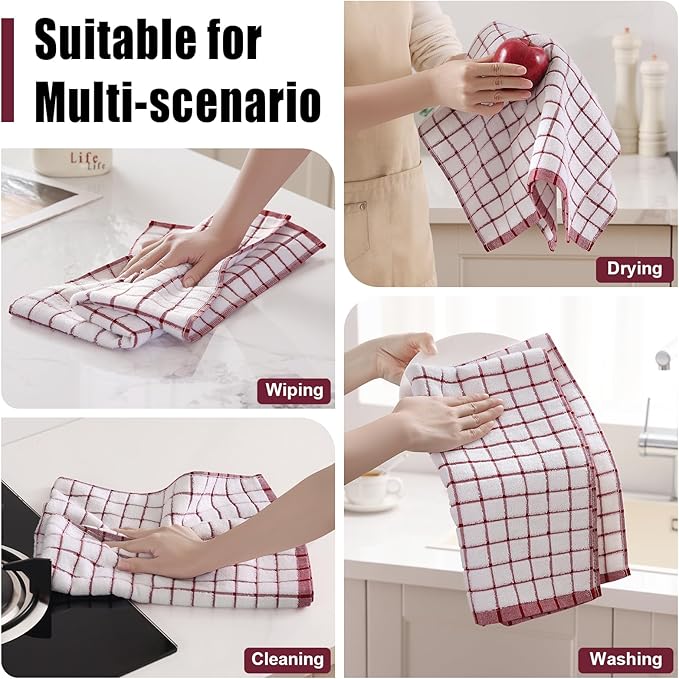 Homaxy Premium Kitchen Towels(16”x 28”, 6 Pack), Large Ring Spun Cotton Dish Towels, Super Absorbent Soft Terry Kitchen Hand Towels, Check Design Tea Towel Set with Hanging Loop, Red