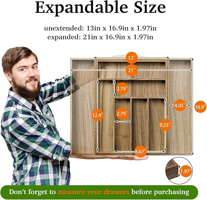Kiasthome Acacia Wood Kitchen Silverware Drawer Organizer, Expandable Utensil Cutlery Drawer Organizer with Dividers, Flatware Organizer Silverware Tray for Spoon, Fork, 13''-21''x16.9'' (6-8 Slots)