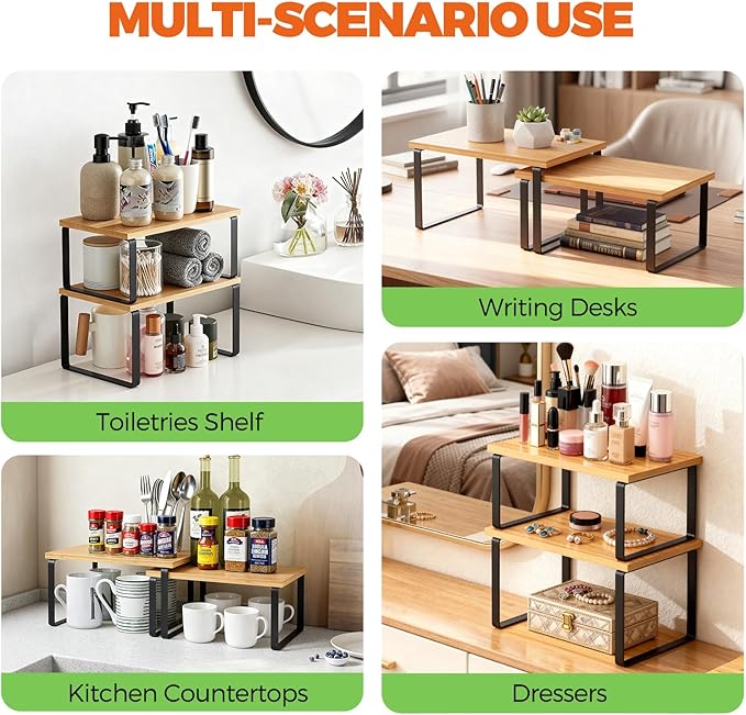 Cabinet Organizer Shelf - 2 Pack Wood Kitchen Organizer, Upgraded Cabinet Organizer Shelf for Kitchen Storage, Countertop, Spice Rack, Stackable, Expandable, Ink Black and Natural Beige