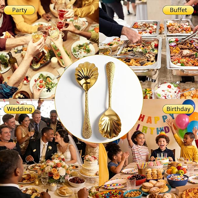 Serving Spoons 4Pack, 18/10 Stainless Steel Large Serving Spoons Set, Hammered Long Handle Serving Spoons for Buffet, Scalloped Design Serving Utensils for Kitchen Party Buffet Banquet (Gold)