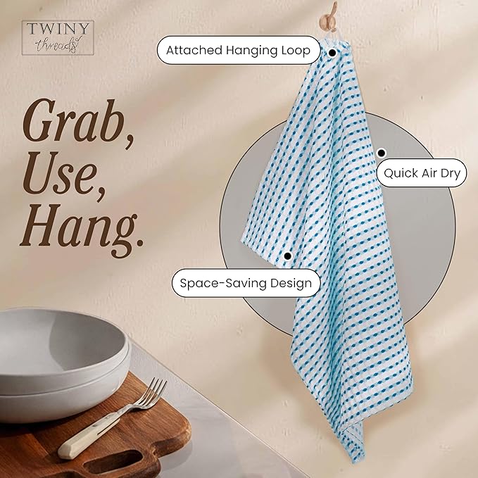 TWINY threads Waffle Weave Dish Towels Pack of 4, Large 16x26 Inches Kitchen Hand Towel Set, Super Absorbent, Fast Dry & Reusable Washcloths for Cooking, Cleaning & Drying, Turquiose Blue, White
