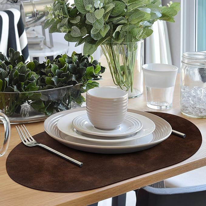 ADRIMER Placemats, Heat Resistant Oval Placemats Set of 6 Washable 12 x 17 Inch, Waterproof Table Mats, Wipeable Pu Place Mats for Kitchen, Dining Room, Coffee