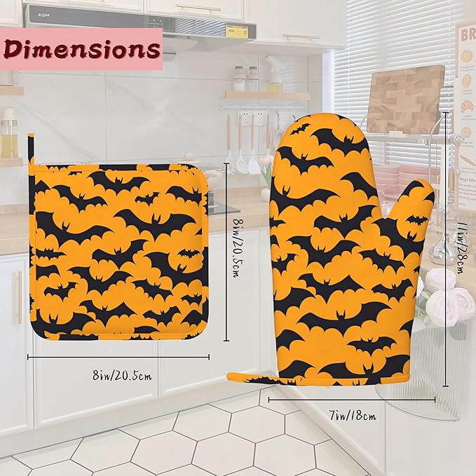 Halloween Bat Heat-Resistant Silicone Oven Mitts and Pot Holders 4 Piece Set,Extra Long Non-Slip Kitchen Oven Gloves for Cooking, Baking, BBQ,Grilling