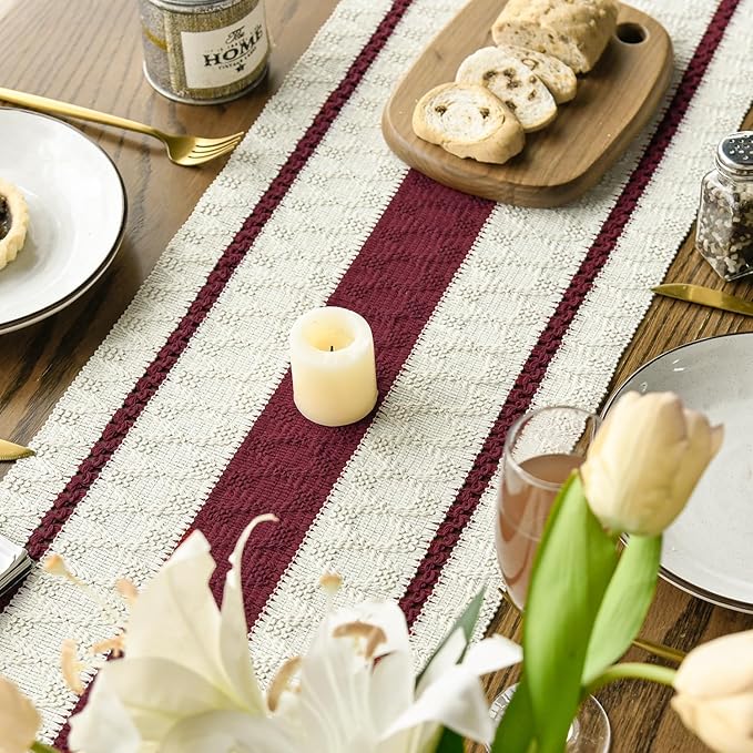 Artoid Mode Red Farmhouse Woven Rustic Table Runner, Seasonal Holiday Hollow Kitchen Dining Table Decoration for Home Party Decor 12x48 Inch