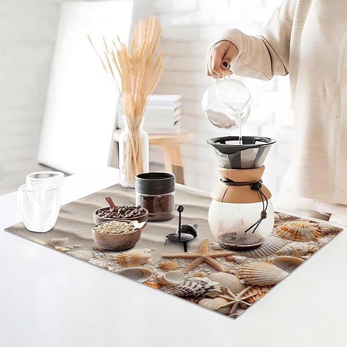 White Sand Placemats Set of 6,Starfish Seashells Waterproof Non-Slip Washable Table Mats for Kitchen Dining Holiday Party Wedding Decor 12x18 Inch