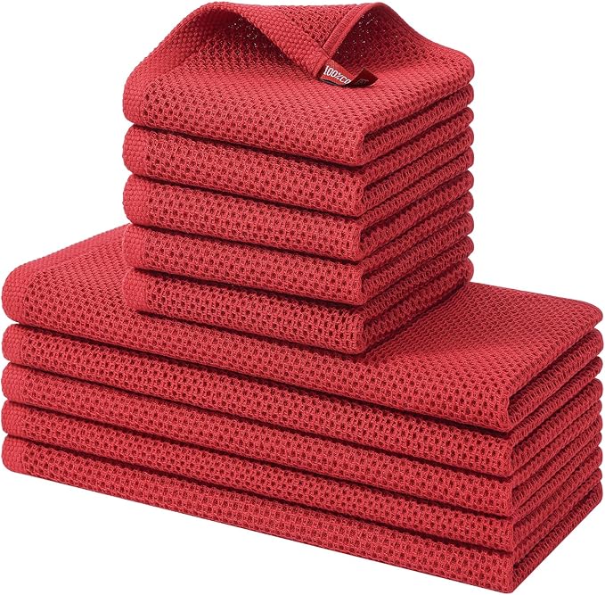 Kitinjoy 100% Cotton Kitchen Towels and Dishcloths Set, 10 Pack-13" x 28" and 12" x 12" Waffle Weave Dish Towels, Ultra Soft Absorbent Quick Drying Dish Rags, Red