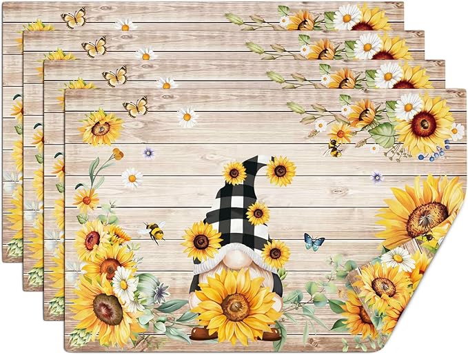 comfoyar Summer Sunflower Gnome Placemats Set of 4, 12x18 Inch Non-Slip Linen Daisy Floral Bee Place Mats, Washable Absorbent Table Mats for Kitchen Dining Party Table Decoration