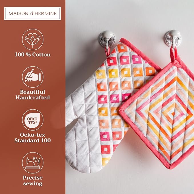 Maison d' Hermine 100% Cotton Oven Mitt & Pot Holder Set (7.5"x13" & 8"x8") Heat Resistant BBQ Cooking Gloves with Loop Baking Grilling Kitchen Gifts for Mothers Day Spring/Summer (Summer Maze)