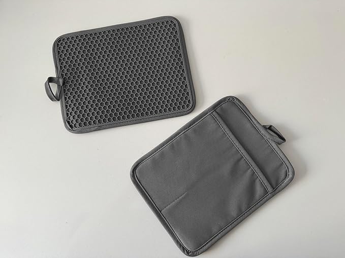 Oven Pot Holder with Pocket Cotton Heat Resistant Coaster Potholder Kitchen Hot Pad Oven Mitts for Cooking and Baking Square 7"x9" (Grey, Silicone)