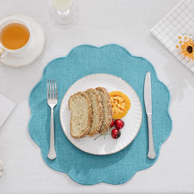 SHACOS Scalloped Round Placemats Set of 6 Polyester Linen Blend 15 inch Washable Non Slip Place Mats Easy Clean Heat Resistant Table Mats for Kitchen Dining Table Decor, Blue Green