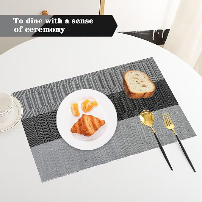 Black Gray Placemats Set of 2 - Heat Resistant Non-Slip Place mats for Dining Table, Washable Durable PVC Vinyl Woven Table Mats (Black Gray, 2)