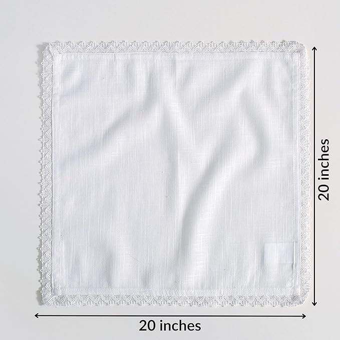 FINGERCRAFT Dinner Cloth Napkin Cotton Linen 4 Pack Vintage Rustic Premium Quality Mitered Corners Napkin Cloth with Elegant Lace for Everyday Use, Pre Shrunk and Good Absorbency 20x20 in White