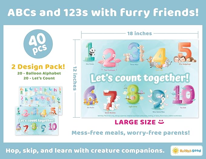 Bright Seed Disposable Placemats for Baby, Toddlers and Kids, 40 Disposable Baby Placemats for Restaurant, Dining Table & Travel, Learning Placemats for Kids, Toddler Travel, Animals ABC & Numbers