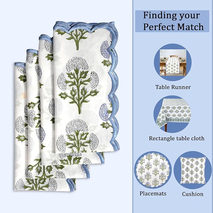 Ridhi Hand Block Print Mughal Buta Blue 18" x 18" (Set of 4) EmbrioEmbroidery Table Napkins Reusable Cotton Dinner Napkins for Weddings, Parties, Everyday Dining Gift for Spring, Easter, Valentine