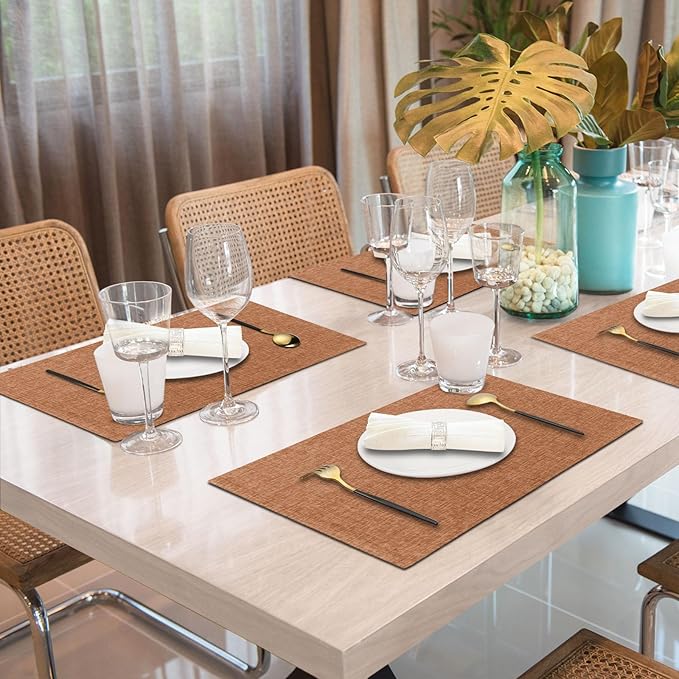 Cloth Placemats Set of 6, Cotton Linen Blend Machine Washable Double Layered Place Mats, Heat Resistant Placemats Wrinkle Free Thick Fabric Dining Table Mats for Indoors & Outdoors (Flaxen, 6)