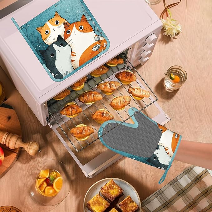 Cute Cartoon Cat Oven Mitts and Pot Holders Sets Funny Cat Silicone Heat Resistant Kitchen Oven Gloves Pot Holder for Cooking Baking Grilling BBQ