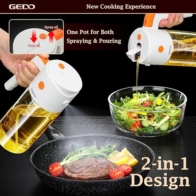 GEDO 2-in-1 Oil Sprayer & Dispenser, Borosilicate Glass Oil Bottle with Auto Open/Close Lid, One-Press Refill & Ergonomic Handle, Mist & Pour for Cooking, Salad, Air Fryer, BBQ