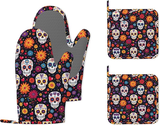 Mexican Skull Heat-Resistant Silicone Oven Mitts and Pot Holders 4 Piece Set,Sugar Skull Day of The Dead Extra Long Non-Slip Kitchen Oven Gloves for Cooking, Baking, BBQ,Grilling