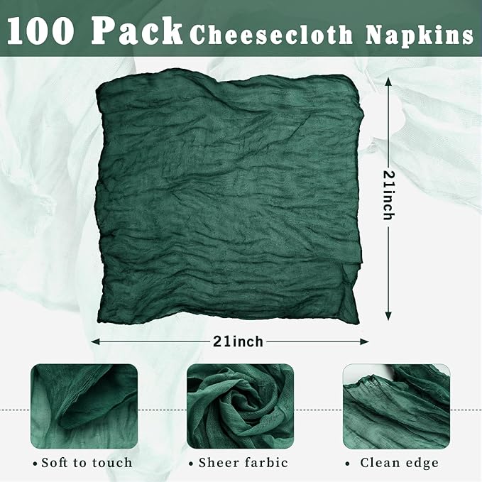 100 Pack Emerald Green Cheesecloth Napkins Washable 21x21 Inches Emerald Green Cloth Napkins for Wedding Set of 100 Dinner Table Napkins Bridal Baby Shower Rustic Boho Cotton Gauze Party Table Decor