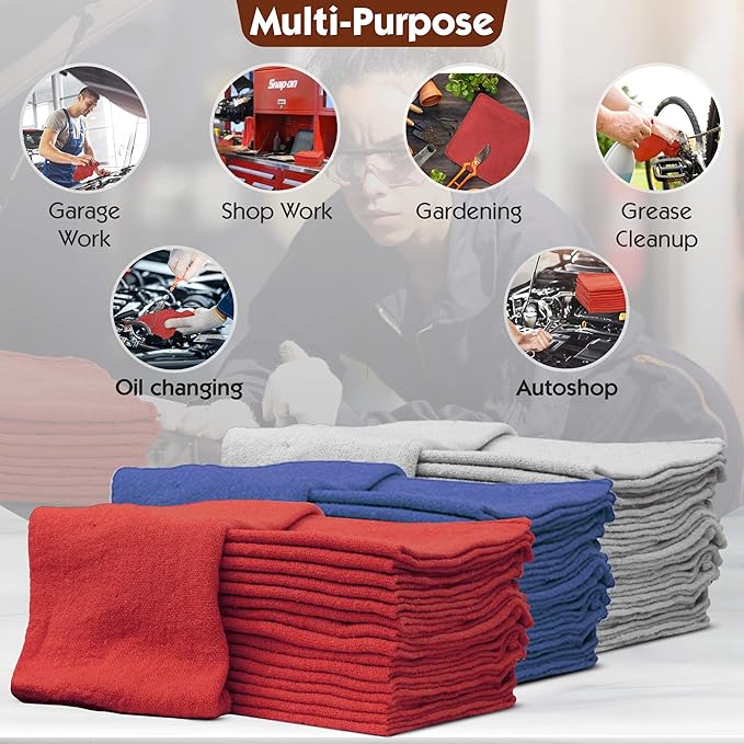 Nabob Wipers Auto Mechanic Shop Towels 100 Pack Bulk Rags 100% Cotton Commercial Grade Shop Rags Size 14"x14" (100 Pack, Red)