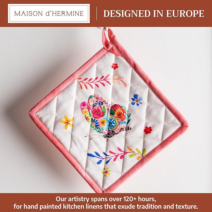 Maison d' Hermine Pot Holders 100% Cotton Heat Resistant Potholders 8" x 8" Hot Pads with Loop Baking Gifts for Mothers Day Handling Hot Pans Spring/Summer(Pack of 1, Happy Florals - High Summer)