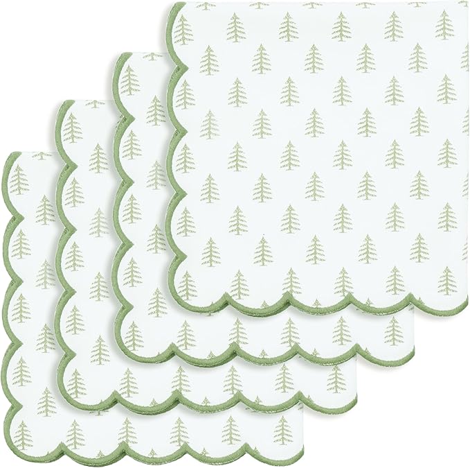 PurpleEssences Scalloped Embroidery Cloth Napkins - Spring Easter Summer - Table Decor - 100% Cotton - Set of 4-18x18 inch - Christmas Tree - Edges - Sage Green