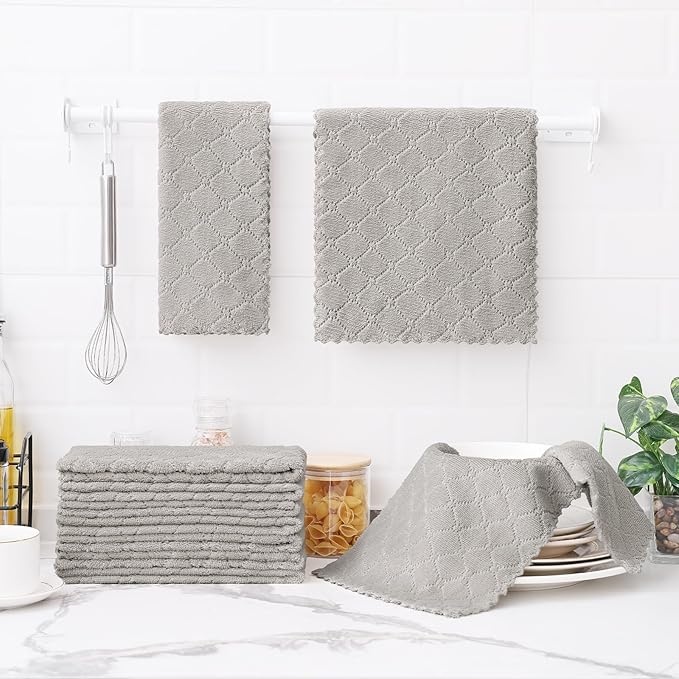 Homaxy 12 Pack Dish Towels for Kitchen (10 x 20 Inches, Grey), Super Soft and Absorbent Coral Velvet Dish Cloths for Washing Dishes, Nonstick Oil Fast Drying Microfiber Cleaning Cloth