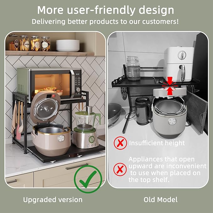 NETEL Expandable Microwave Stand,3 Tier Metal Kitchen Countertop Organizer Shelves with 8 Hooks,Bakers Rack,Pull-Out Microwave Shelf,110lbs Weight Capacity,Black