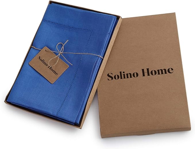 Solino Home Linen Napkins Set of 4 - Classic Hemstitch 100% Pure Linen Royal Blue Dinner Napkins Cloth 20 x 20 Inch - Handcrafted and Machine Washable - Summer, Spring