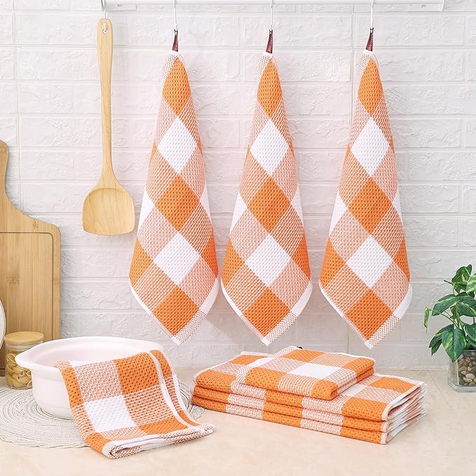 Homaxy Kitchen Towels and Dishcloths Set, 12 x 12 and 13 x 28 Inches, Set of 8 100% Cotton Waffle Weave Check Plaid Kitchen Dish Towels, Super Soft and Absorbent Dish Cloths, White & Orange