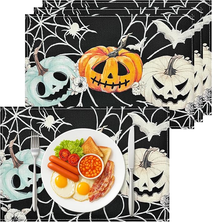 Bloss Pumpkins Spider Web Halloween Placemats Set of 4-12x18Inch Heat Resistant Place Mats,Halloween Tables Mats for Dining Table Decorations,Seasonal Place Mats Decor for Home/Party