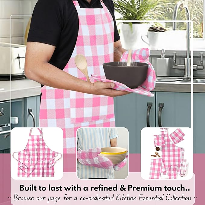 Native Fab Buffalo Plaid Check Oven Mitts and Pot Holders Set of 4, 100% Cotton Heat Resistant Kitchen Gloves, 2 Oven Mitts (7x13), 2 Pot Holders (8x8) for Cooking & Baking, Pink White