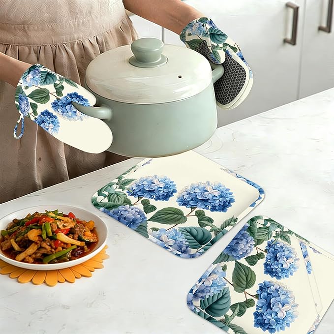 Blue Hydrangea Flower Spring Oven Mitts and Pot Holders Set of 4,Heat Resistant Non Slip Kitchen Gloves Hot Pads,Chef Cooking Baking Gifts for Women Bakers,Kitchen Cooking Lover Cooks