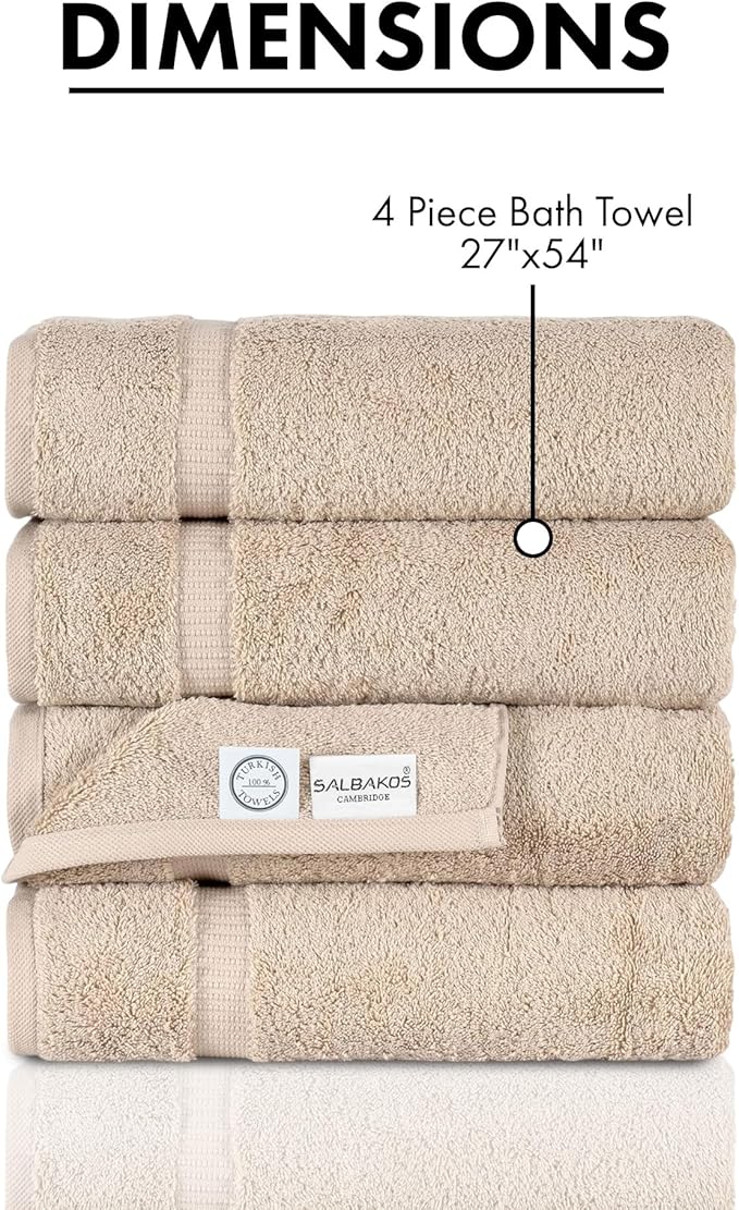 SALBAKOS 100% Turkish Cotton Bath Towels | 4 Piece Turkish Bath Towels Taupe 27x54 in Standard Size | Premium Hotel Quality, Super Absorbent, Thick & Plush Turkish Bath Towel (Taupe, 4 Bath Towels)