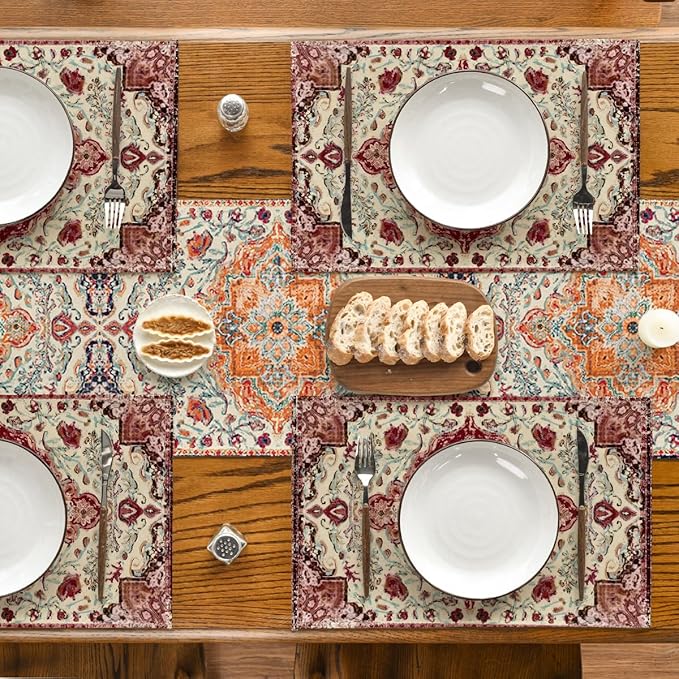 Artoid Mode Boho Bohemia Style Red Beige Placemats Set of 4, 12x18 Inch Country Rustic Farmhouse Magical Fall Table Mats for Party Kitchen Dining Decoration