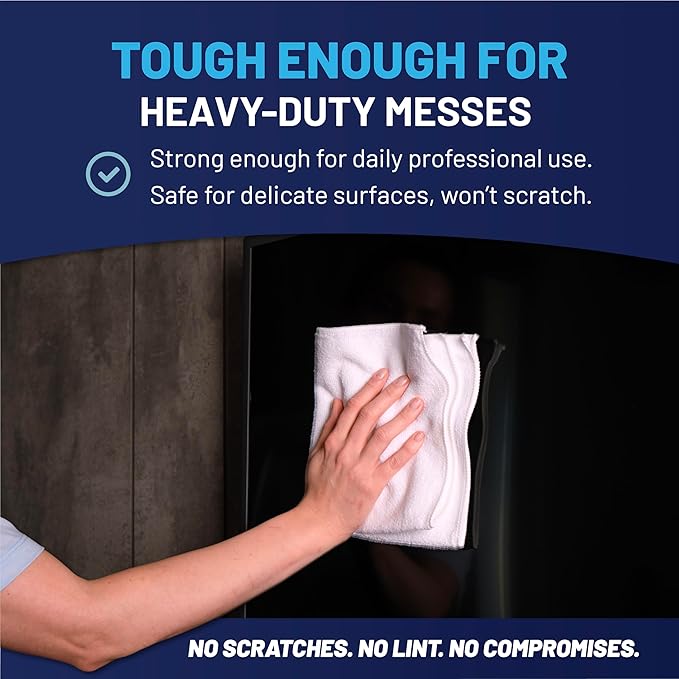 MW PRO Microfiber Cleaning Cloths White (12 Pack, 12x12) - Commercial Janitorial Towels & Lint Free Rags - Heavy Duty for Auto Detailing, Glass Windows, Housekeeping & Screens - Washable 300+ Times