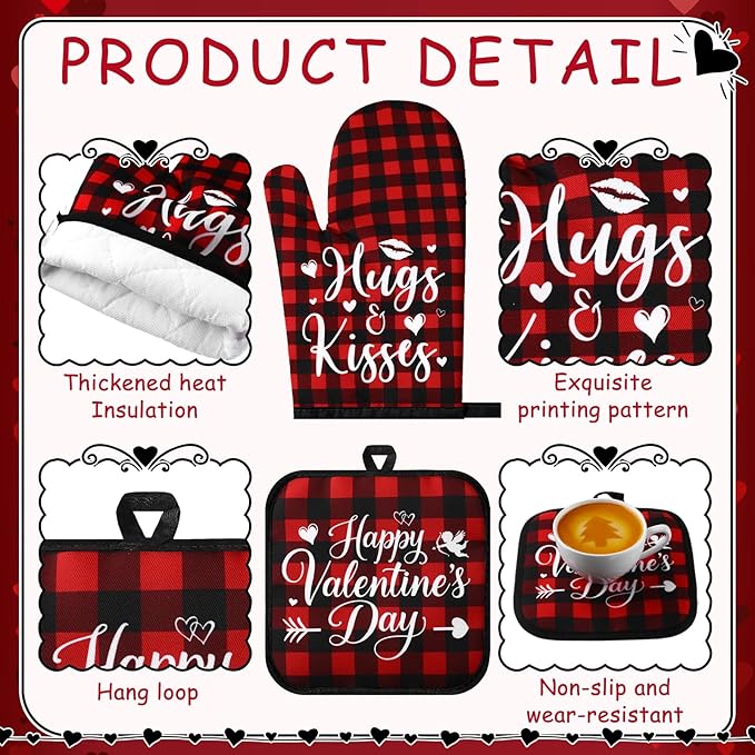VitalCozy 10 Pcs Valentine's Day Buffalo Plaid Kitchen Decor Set Oven Mitts and Pot Holders Heart Kitchen Towels and Rugs for Chef Baking Cooking Grilling BBQ Gift