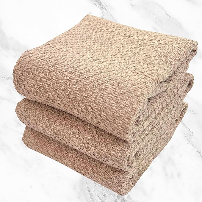 Beige Clay Light Brown Taupe Kitchen Hand Dish Towels: Oversized 28" x 18",100% Cotton Cloth Soft Cleaning Drying Absorbent Textured Design, Set of 3 Multipurpose for Everyday Use (Beige Textured)