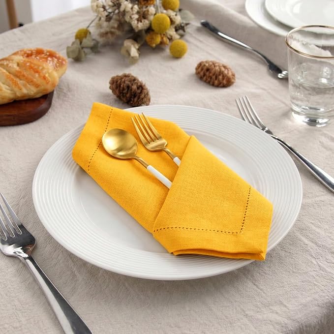Palisa Mustard Cotton Napkins Set of 4 | Premium Hemstitch Detailing Cloth Dinner Napkins 18x18 Inch | Soft Washable & Reusable Table Napkins for Everyday Use Weddings Parties Restaurants & Hotels