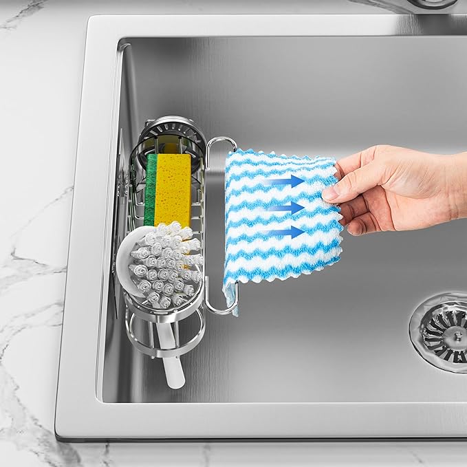 Cisily Silver Kitchen Sink Caddy Sponge Holder in The Sink, Stainless Steel Kitchen Organizer, Brush Holder, Dish Cloth Hanger 2 Installation Ways (Hanging& Adhesives