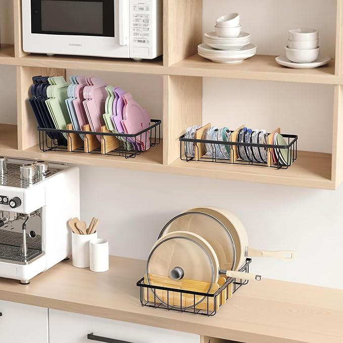 3-Pack Adjustable Lid Organizers - Large Kitchen Cabinet Organizer for Food Storage Container and Tumbler Cup Lids with 9 Bamboo Dividers - Organizers in Cabinet Kitchen/Pantry/Laundry Room