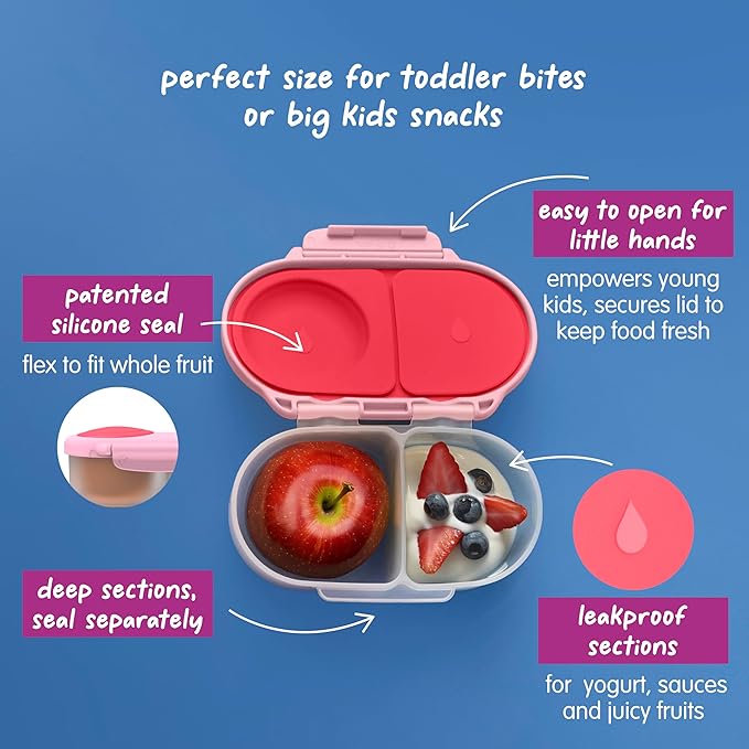 b.box Snack Box - Leakproof Mini Bento Box for Kids & Toddlers, 2 Compartment Snack Containers for Kids, Lunch Containers, Dishwasher Safe, BPA Free, PFAS Free, Ages 4m+, 1 3/4 Cup - Flamingo Fizz