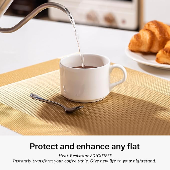 LEXMORE Placemats Set of 8 Vinyl/Plastic Woven Place Mats for Kitchen Table Indoor/Outdoor Washable Placemat Wipeable Dining Table Mats(Gold Cube)